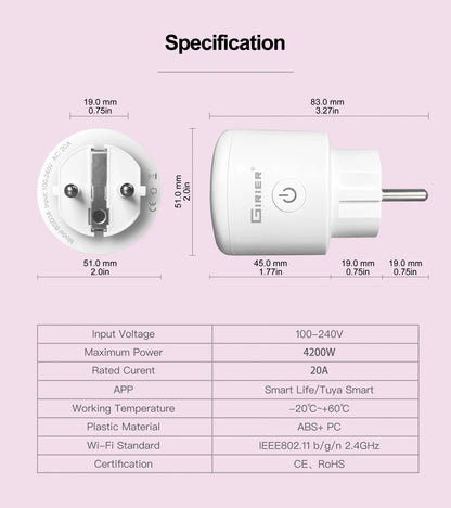 20A Tuya WiFi/ZigBee Smart Plug EU with Power Monitor