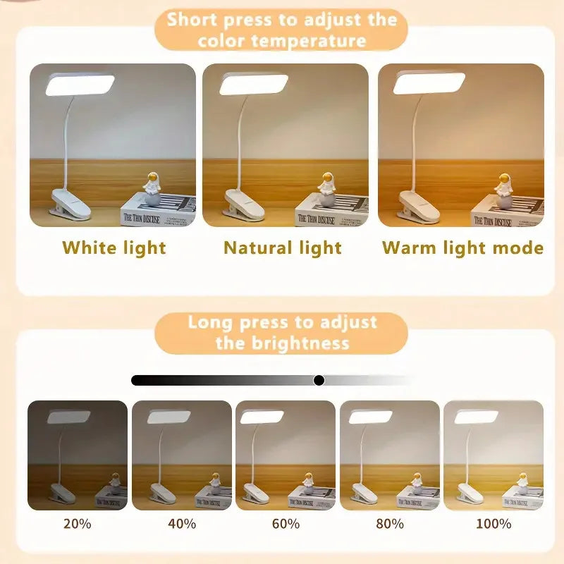 Clip-on LED USB charging desk lamp for college students