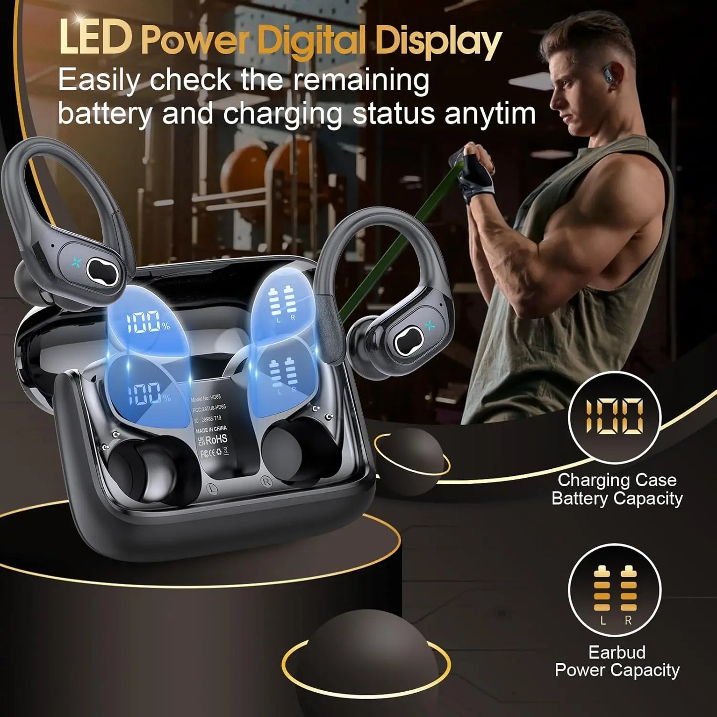 TWS Sports Earbuds Bluetooth Wireless Headphones LED Touch Hands-free Earphone