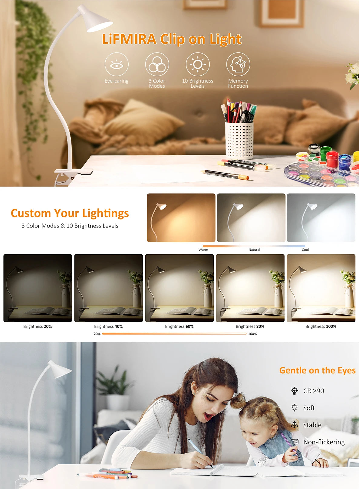 Reading Light, USB Clamp Lamp for ChildReading Book in Bed at Night