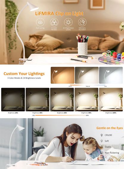 Reading Light, USB Clamp Lamp for ChildReading Book in Bed at Night