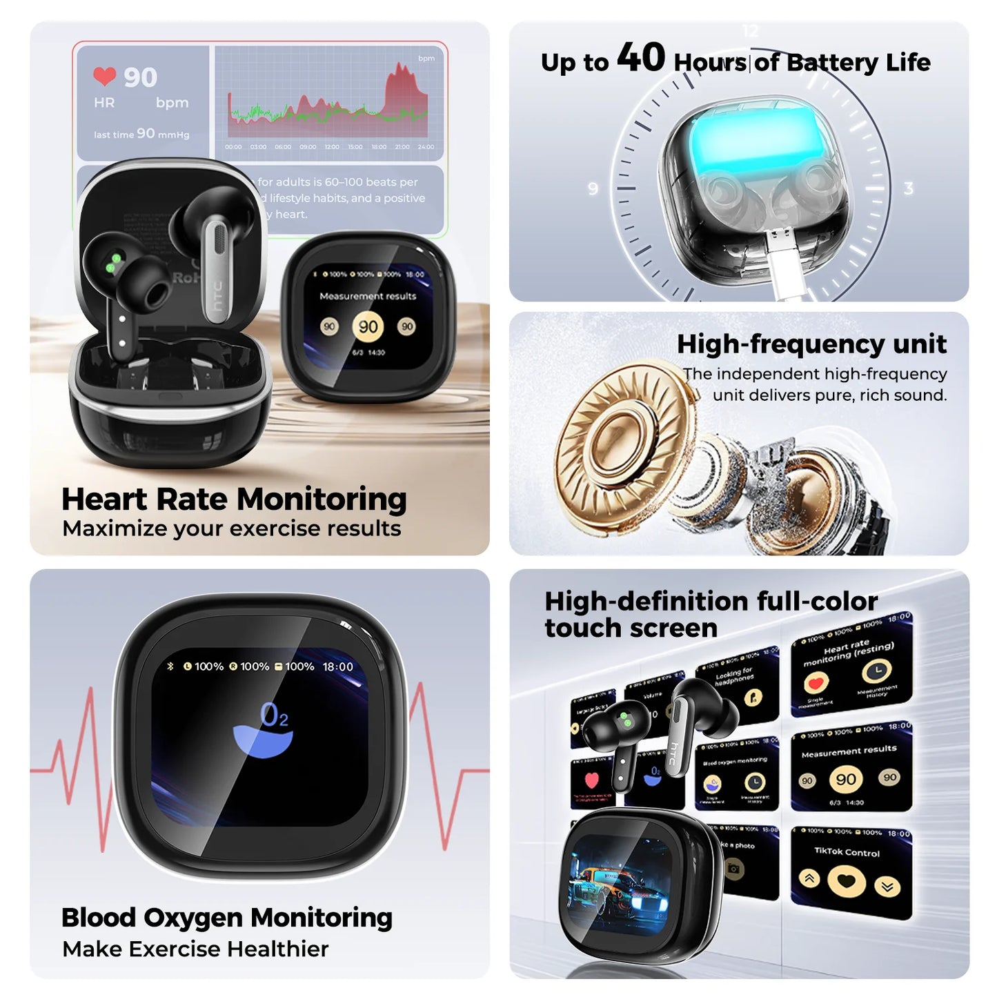 HTC NE46 TWS Earbuds BT 6.0 Heart Rate Monitoring Earbuds