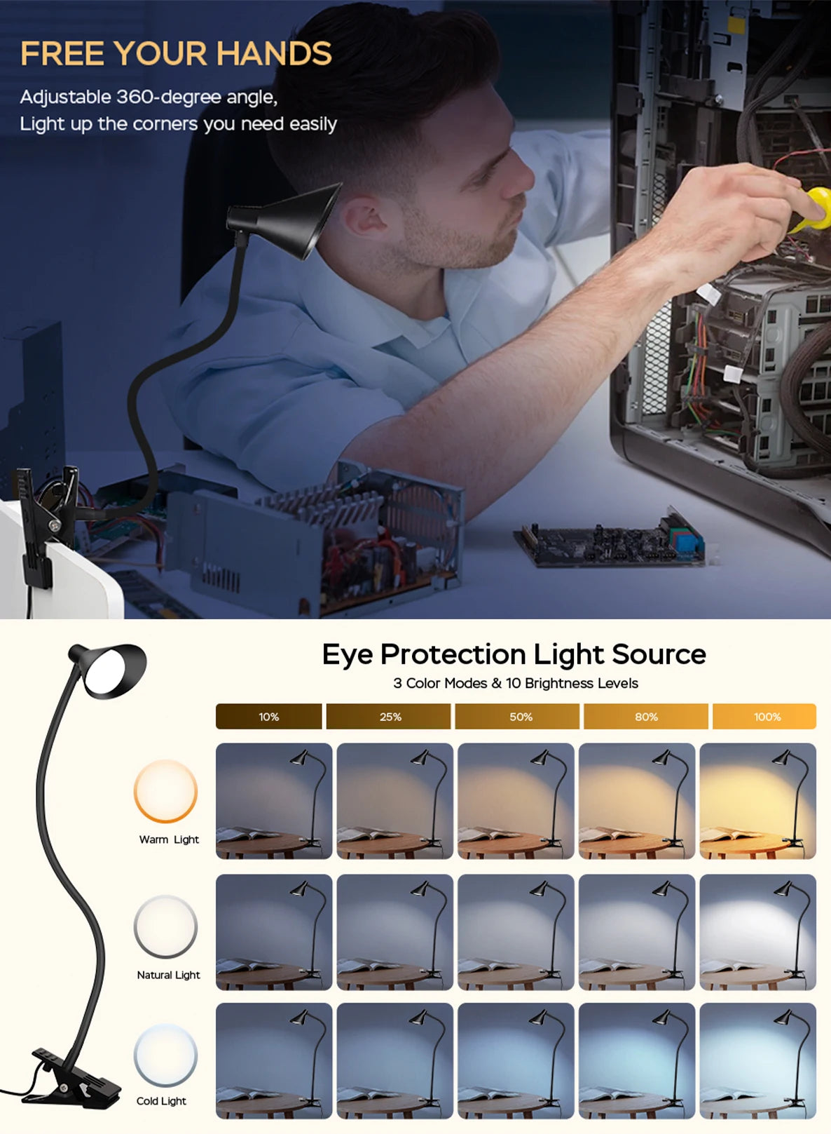 Reading Light, USB Clamp Lamp for ChildReading Book in Bed at Night