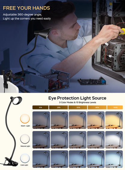 Reading Light, USB Clamp Lamp for ChildReading Book in Bed at Night