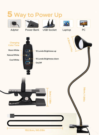 Reading Light, USB Clamp Lamp for ChildReading Book in Bed at Night