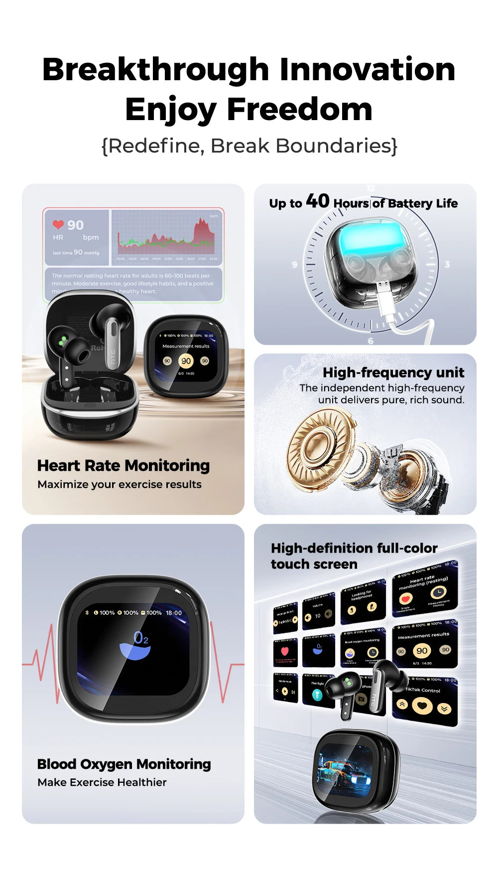 HTC NE46 TWS Earbuds BT 6.0 Heart Rate Monitoring Earbuds