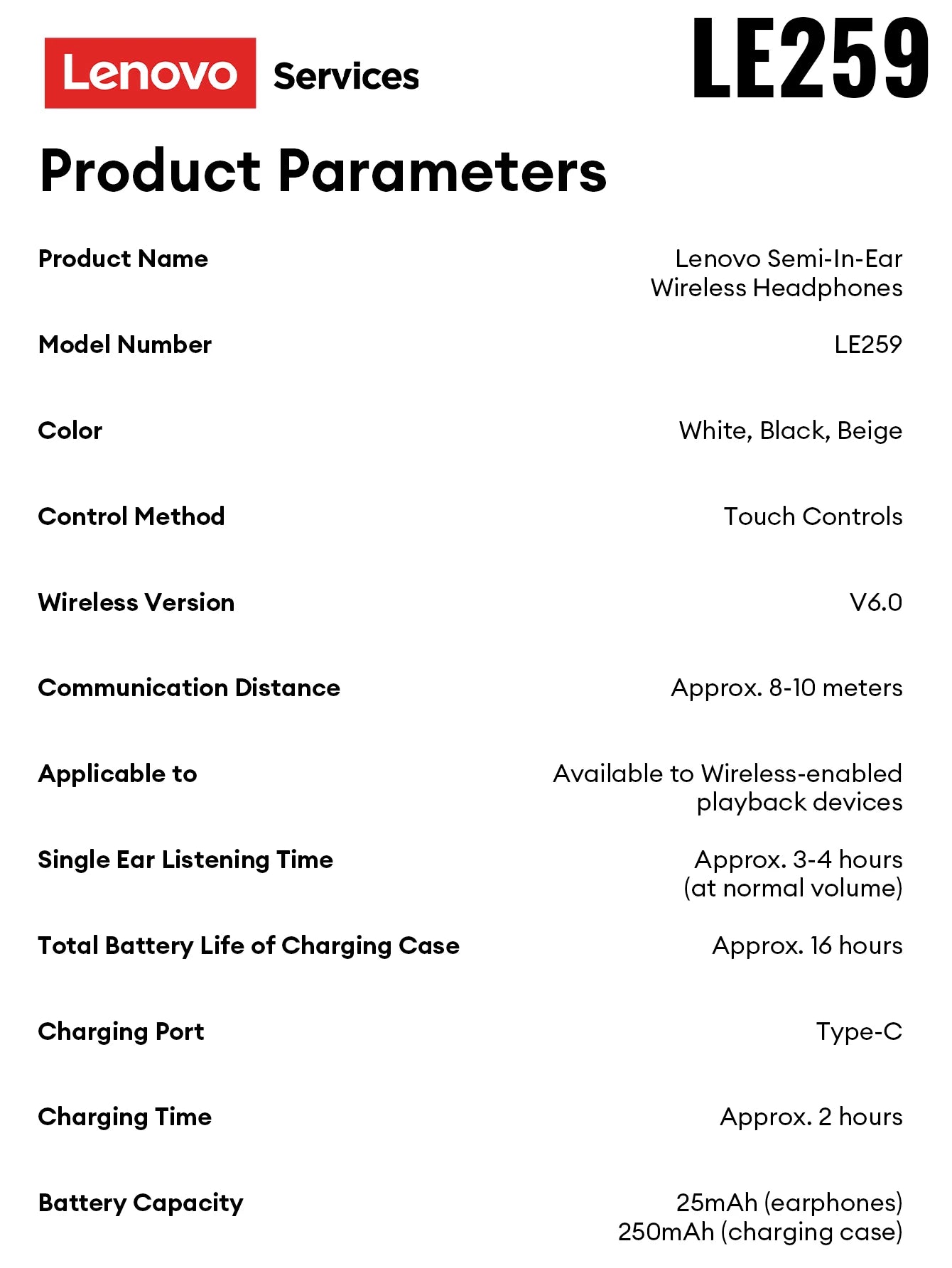 Original Lenovo LE259 TWS Bluetooth 6.0 Headphones