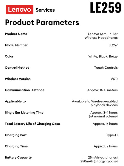 Original Lenovo LE259 TWS Bluetooth 6.0 Headphones