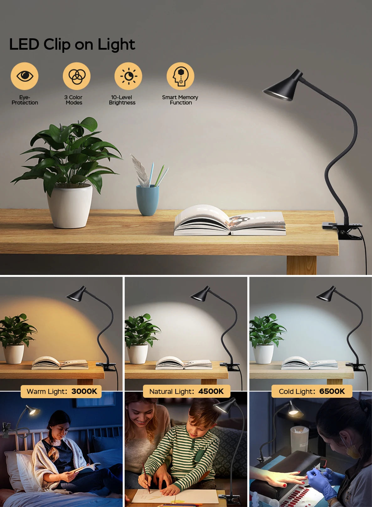Reading Light, USB Clamp Lamp for ChildReading Book in Bed at Night