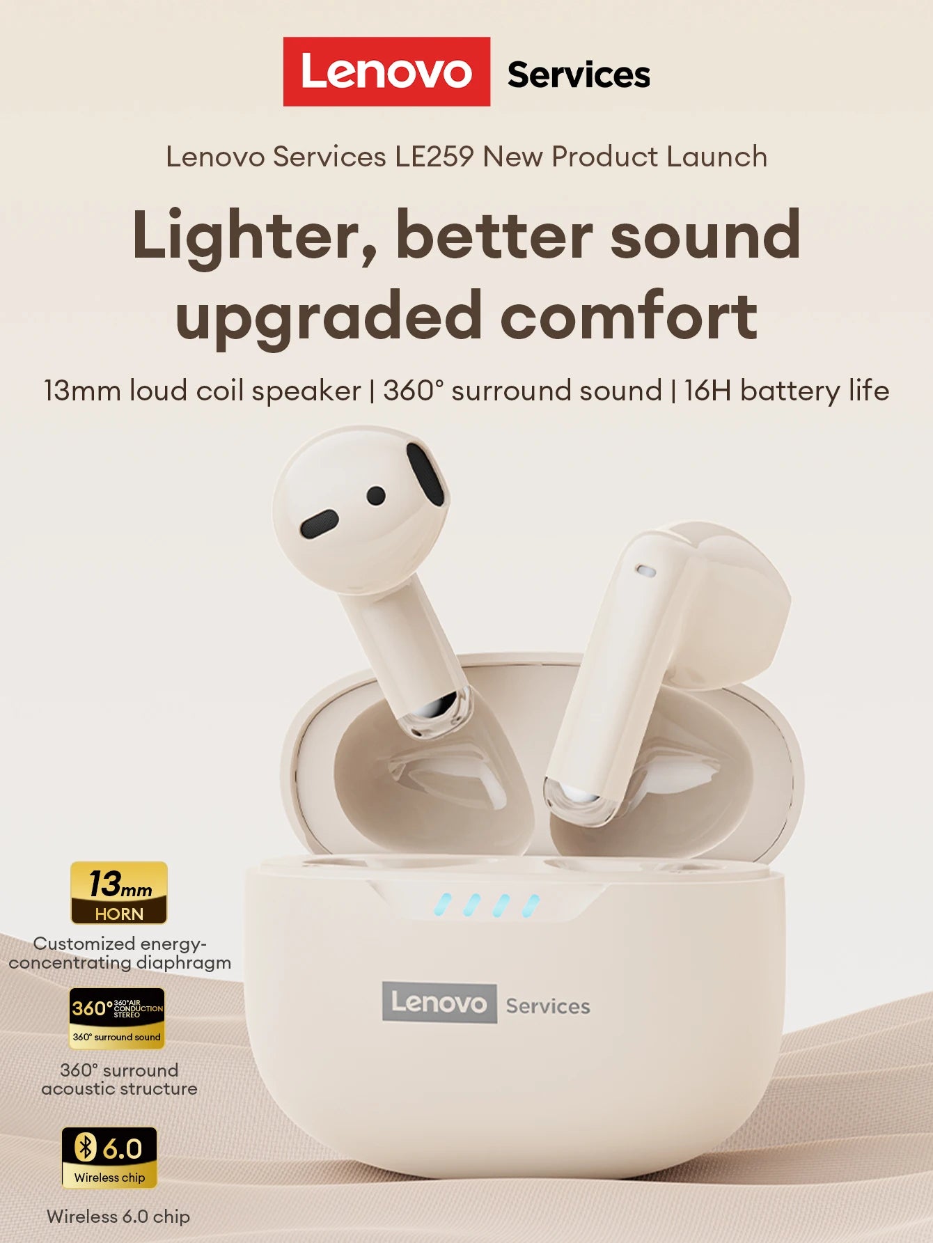 Original Lenovo LE259 TWS Bluetooth 6.0 Headphones